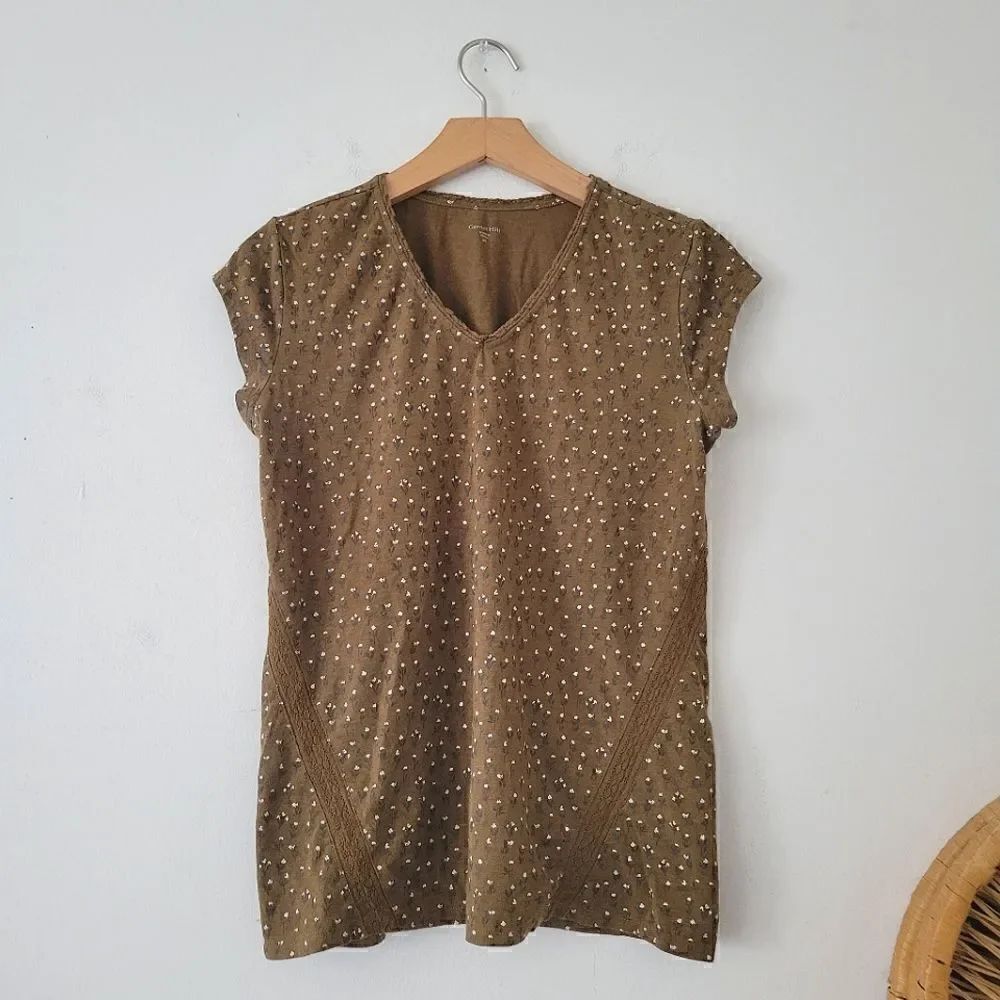 Garnet Hill Floral Top Lace Details Organic Cotton Blend XS V-neck